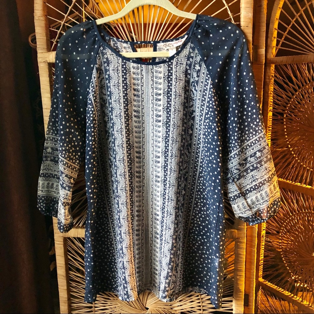3/$20 KRAZY KAT Sheer Boho Blouse Navy Cream Size Small